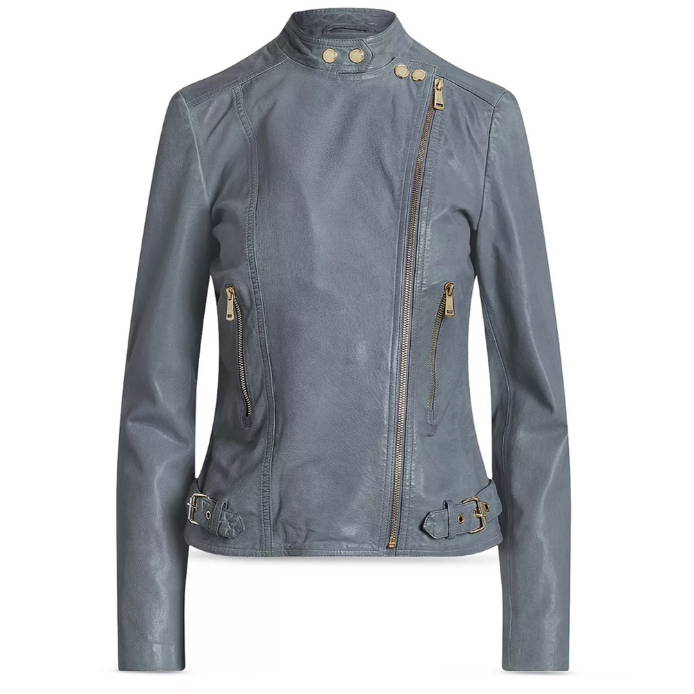 Ralph Lauren Tumbled Burnished Leather Moto Biker Jacket Blue New with tag 12 US